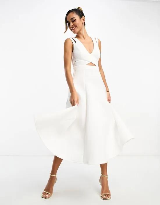 minimal wrap seamed prom midi dress in ivory