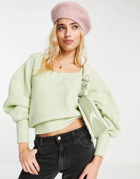 mint square neck cut out back knit sweater - LGREEN