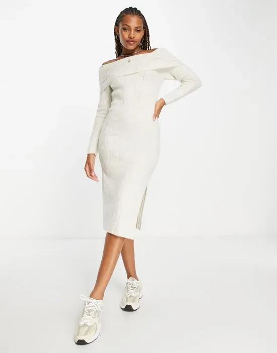 Miss Selfridge brushed knit rib fold over midaxi dress with high split in oatmeal 