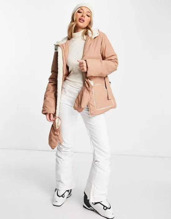 Missguided Ski borg lined puffer jacket with mittens in camel