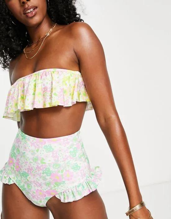 mix and match frill bandeau bikini top in mixed ditsy floral print
