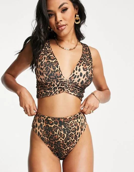 mix and match rib high leg high waist bikini bottom in leopard print