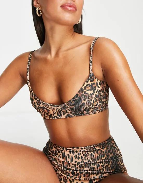 mix and match ribbed lattice crop bikini top in leopard print