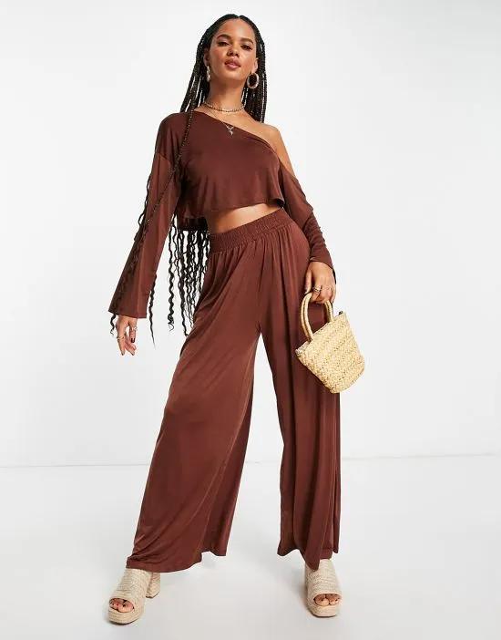 mix and match slinky jersey off shoulder beach top in brown
