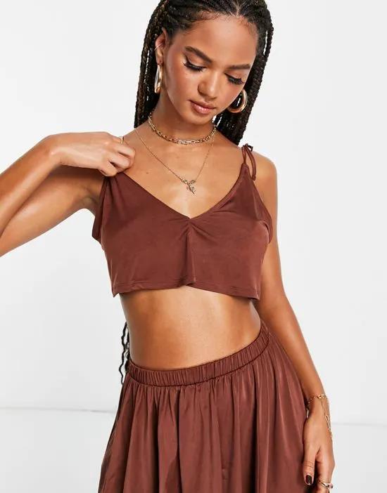 mix and match slinky jersey tie shoulder floaty beach top in brown
