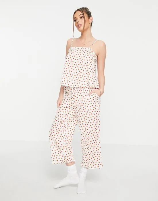 mix & match linen floral pajama culotte with frill in cream & red
