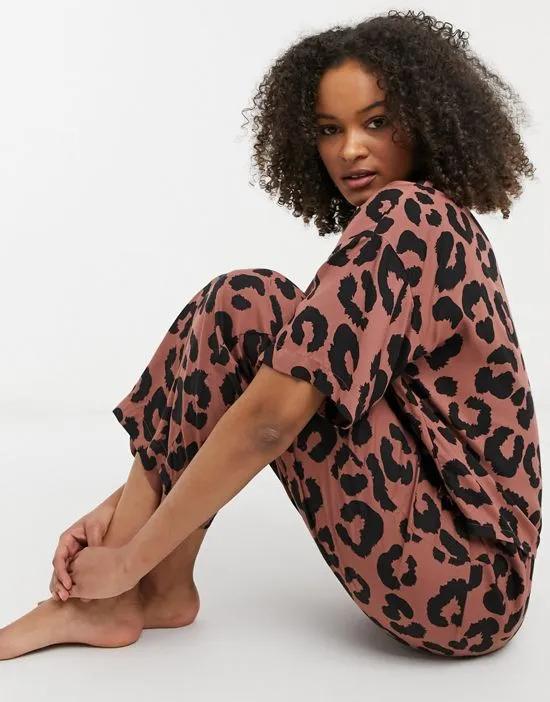 mix & match modal animal wide leg pajama pants in brown
