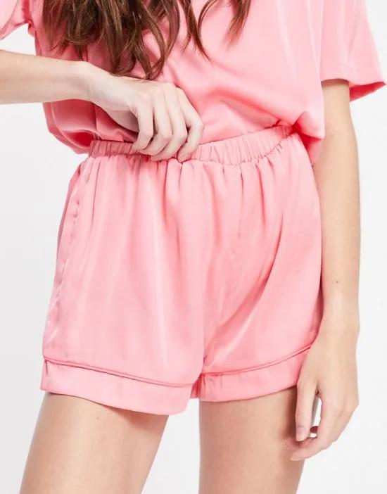 mix & match satin pajama short with neon piping in pink