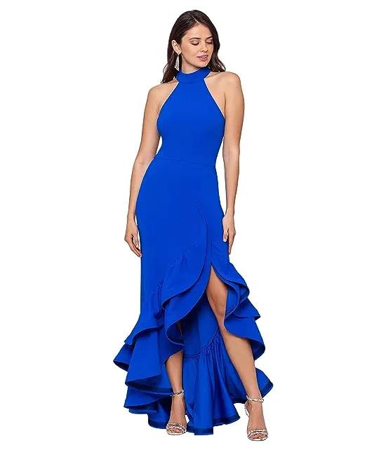 Mock Neck Crepe Gown w/ Tiered Ruffles