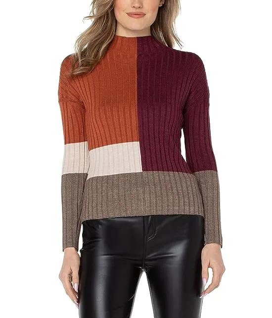 Mock Neck Pullover Sweater with Color-Block