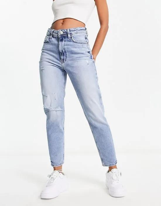 mom high rise jean with rips in medium blue
