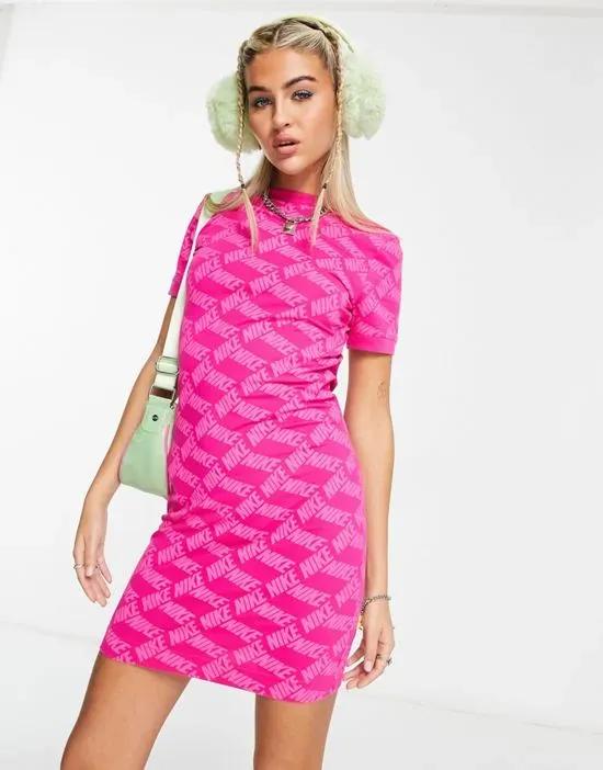 Monogram all over logo print body-conscious dress in pink