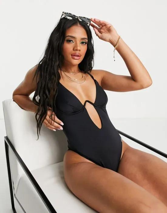 monowire swimsuit with deep plunge cut out detail in black