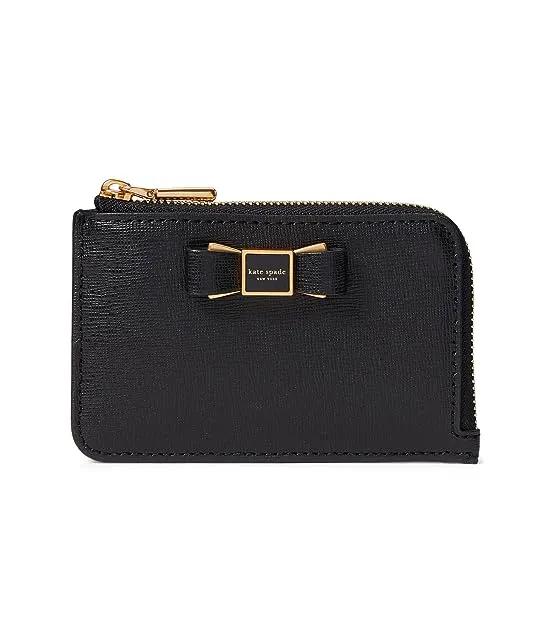 Morgan Bow Embellished Saffiano Leather Zip Card Holder