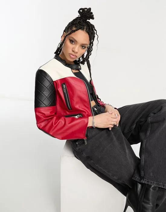 motocross faux leather jacket in red