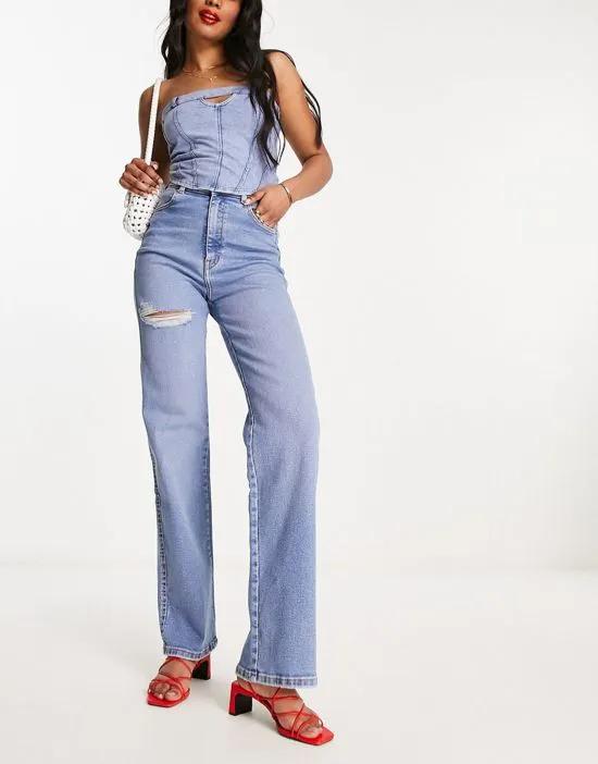 Moxy straight sky-high jeans with thigh rip in mid blue
