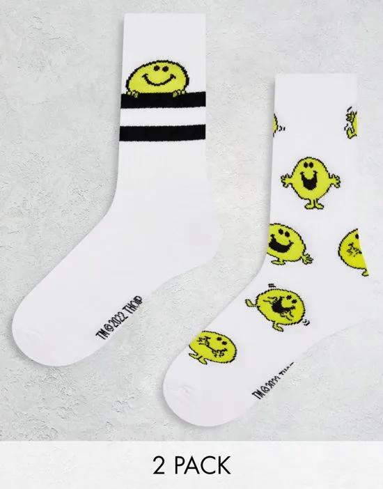 Mr Men 2 pack sports socks with Mr Happy in white