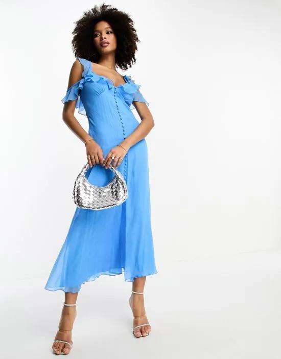 multi flutter sleeve ruffle midaxi dress with button detail in blue