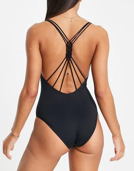 multi strap back detail swimsuit in black