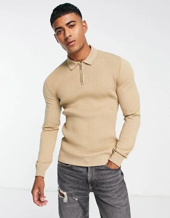 muscle fit cable polo sweater in stone