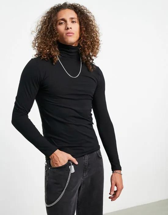 muscle fit jersey roll neck in black