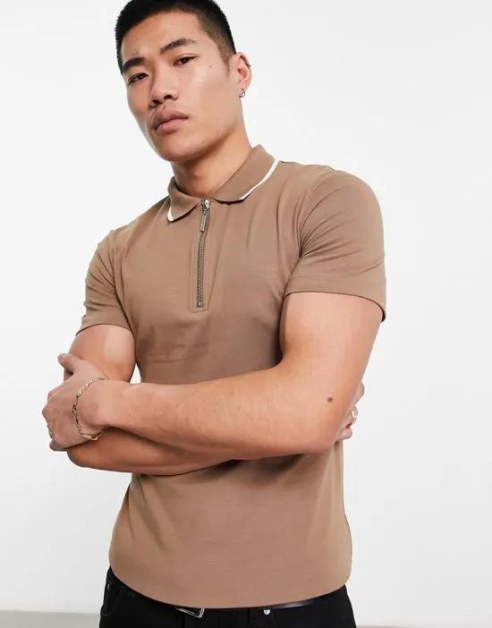 muscle fit polo with zip in brown