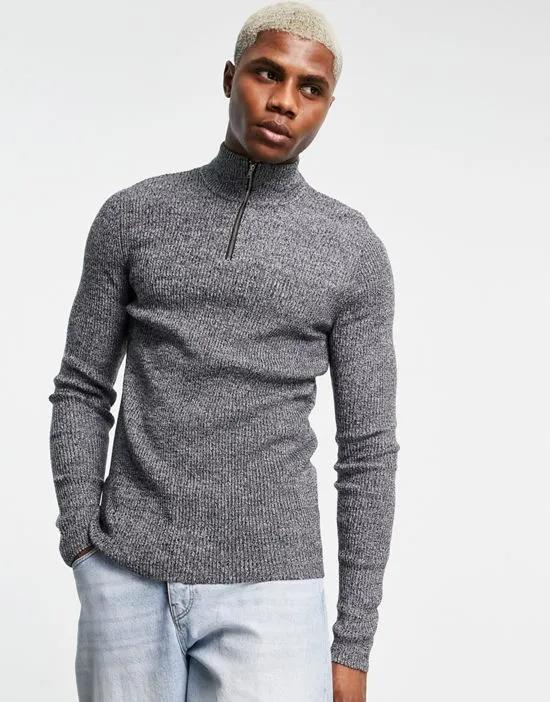 muscle fit ribbed half zip sweater in black and white twist