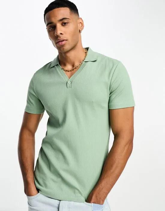 muscle fit ribbed polo in washed green
