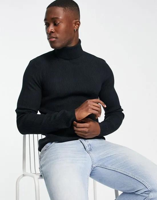 muscle fit ribbed roll neck sweater in navy