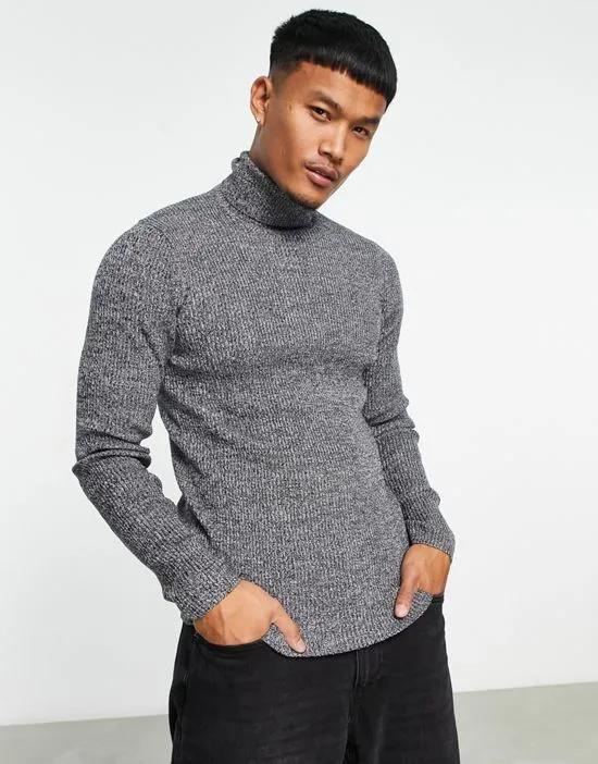 muscle fit ribbed rollneck sweater in black and white twist