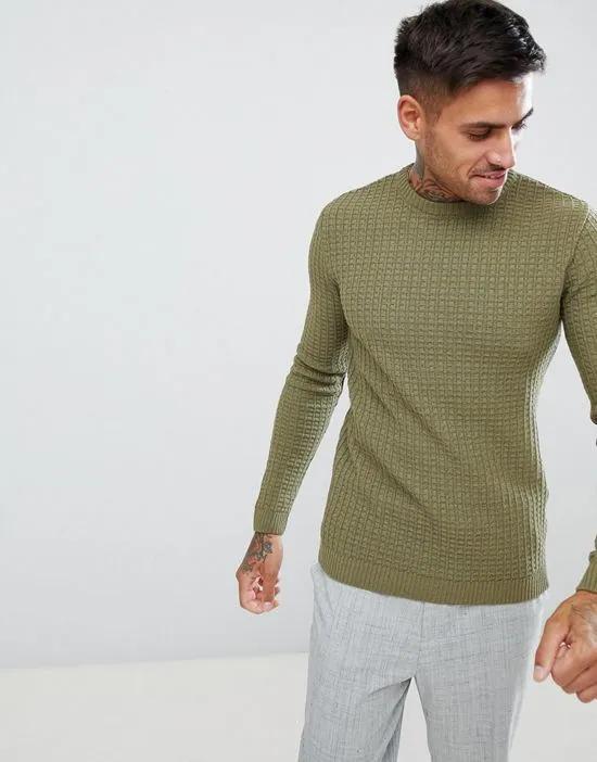 muscle fit textured crew neck sweater in khaki