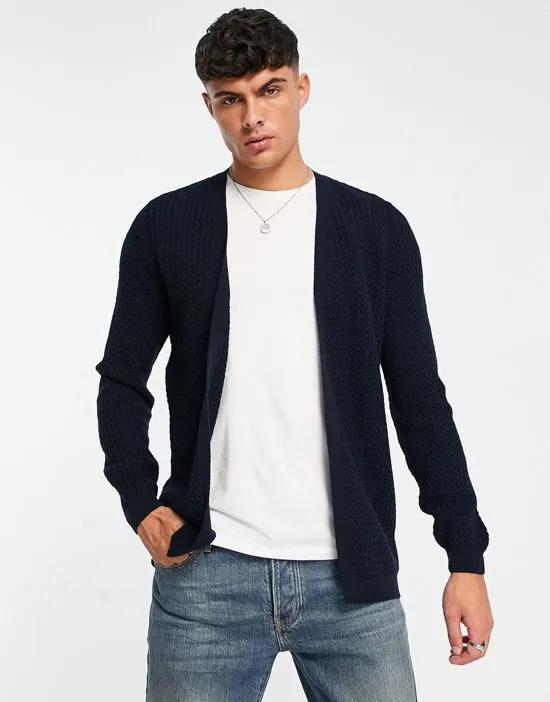 muscle fit textured knit cardigan in navy