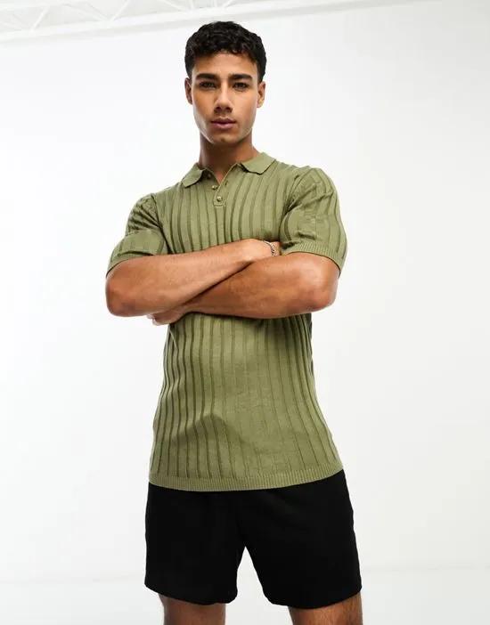 muscle lightweight knitted rib polo in khaki