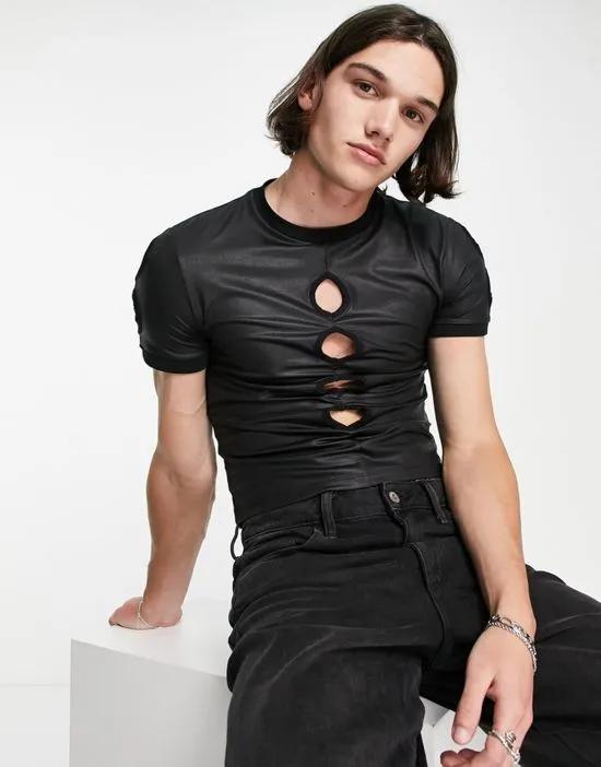 muscle t-shirt in black coated fabric with cut outs