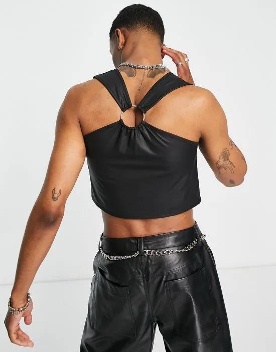 muscle tank top in black coated fabric with asymmetrical hem and metal ring detail - BLACK - BLACK