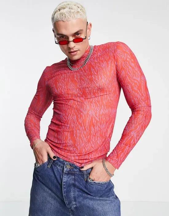 muscle turtleneck long sleeve T-shirt in red printed mesh - RED