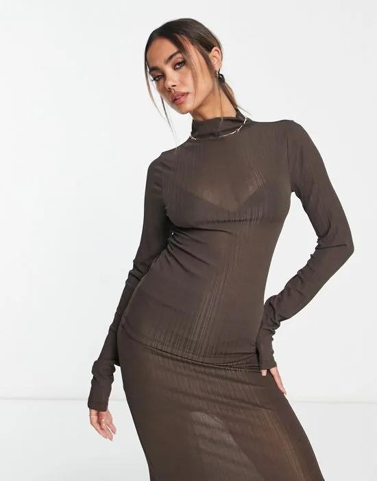 NA-KD X Georgina Lennon sheer knitted high neck top in brown - part of a set