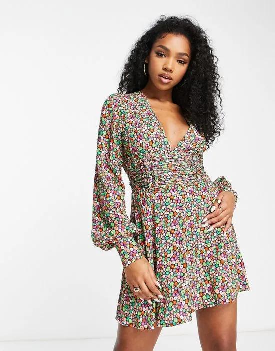 Nami long sleeve corset lace up floral mini dress in multi