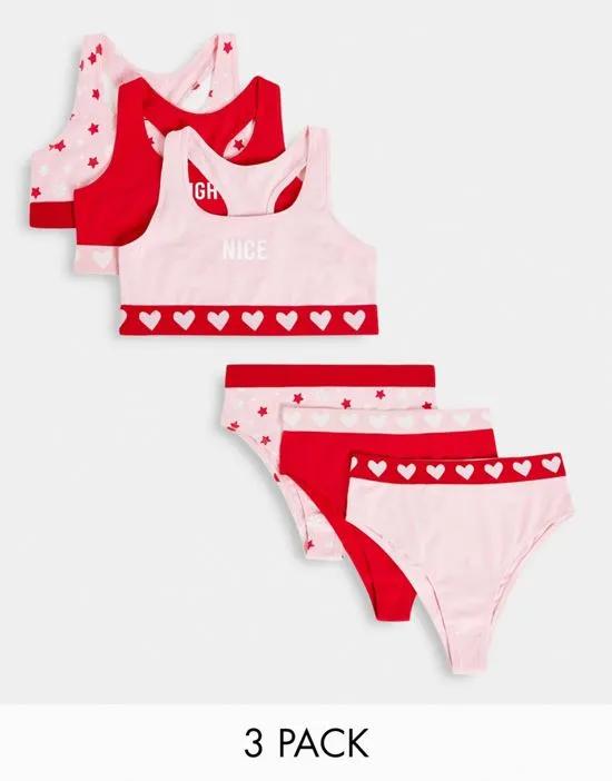 Naughty and Nice 3-pack lingerie sets in red and pink