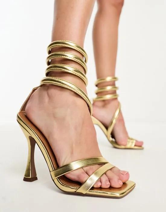 Neo ankle coil high heeled sandals in gold