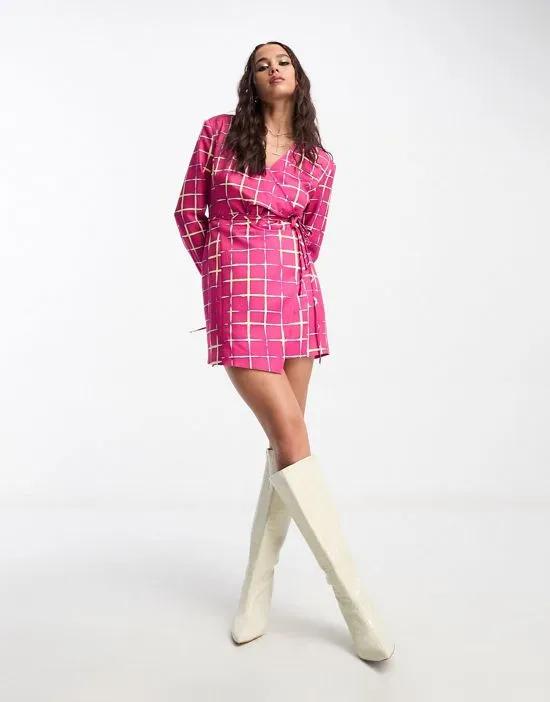 neon check cut-about tailored blazer dress in bright pink