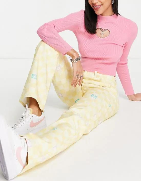 Neon & Nylon high waisted flared jeans in yellow checkerboard