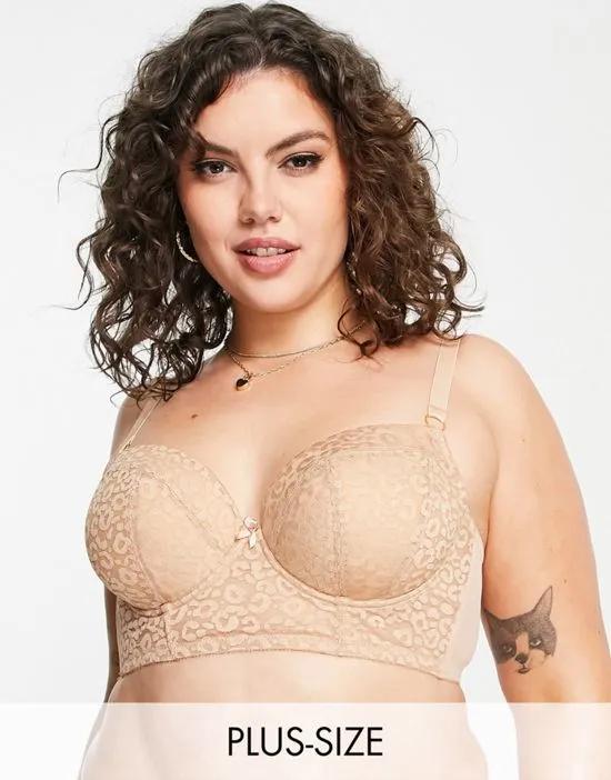 New Look Curve animal print lace push up bra in tan