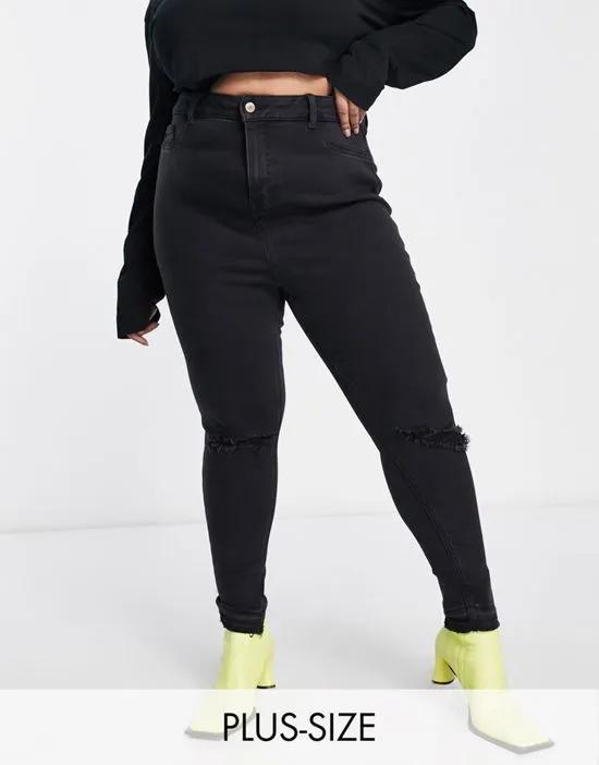 New Look Curve ripped knee skinny jeans in black