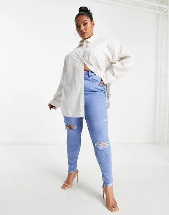New Look Curve ripped skinny jean in mid blue