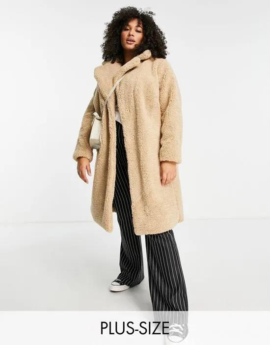 New Look Curve teddy borg coat in camel