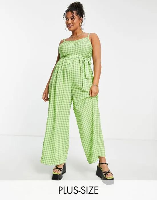 New Look Curve tie waist jumpsuit in green gingham