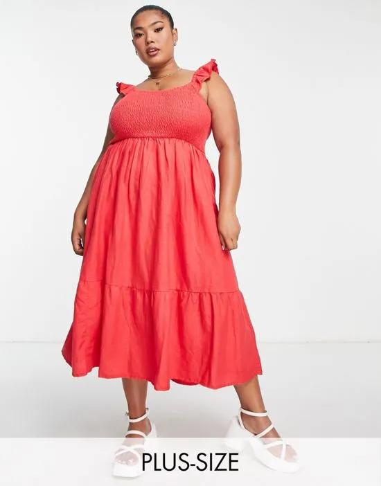New Look Curve tiered midi dress with ruffle sleeves in red