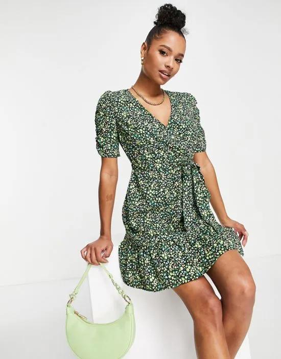 New Look ruched sleeve wrap mini dress in green floral