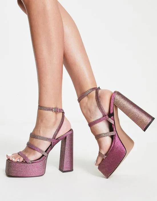 Nighty triple strap platform heeled sandals in gold and pink shimmer